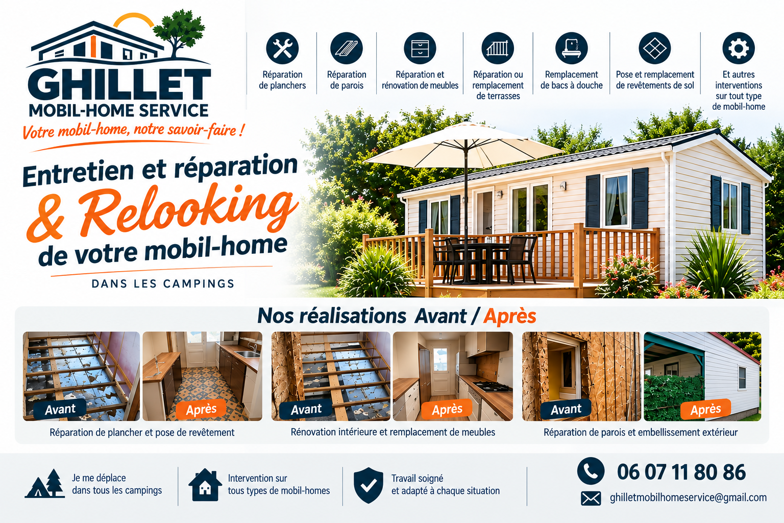 Flyer GHILLET MOBIL-HOME SERVICE aux couleurs sobres