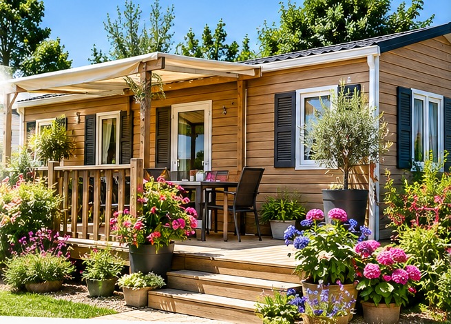 Mobil-home à bardage bois entouré de fleurs, avec terrasse